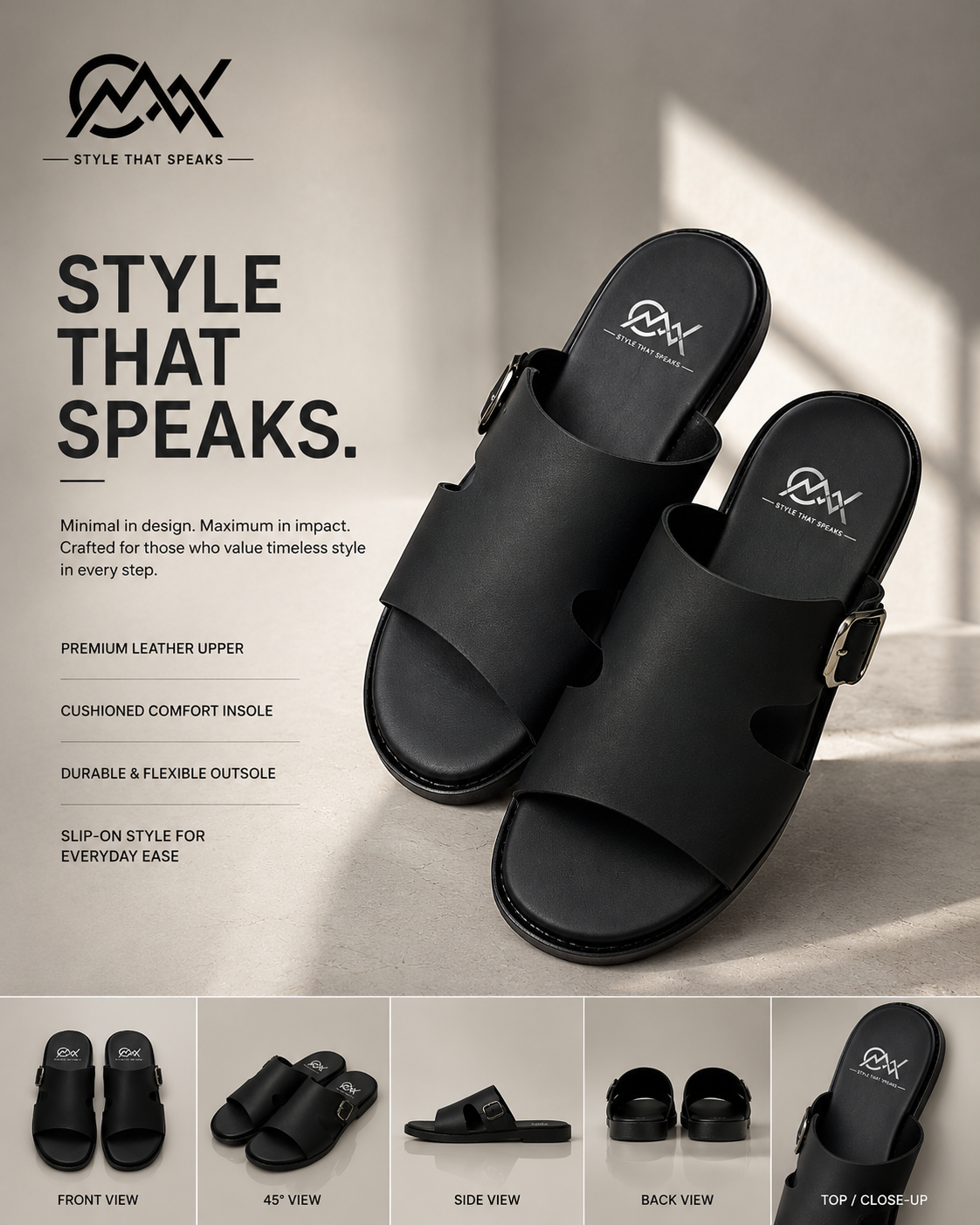 Outwear Premium Black Buckle Slippers for Men