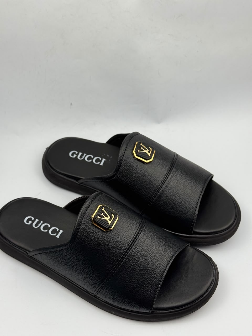 Outwear Premium Black Leather Style Slippers – Gold Emblem