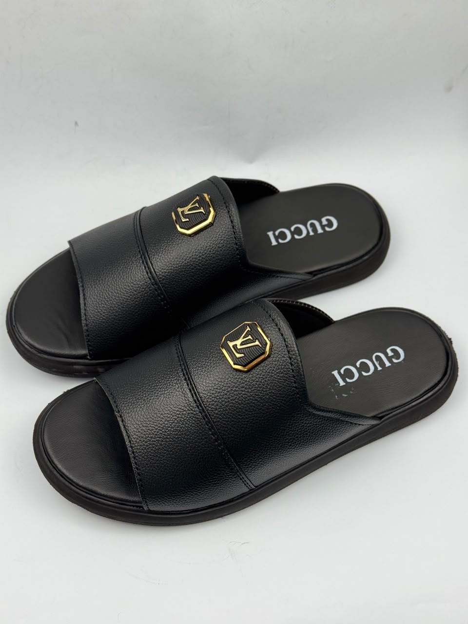 Outwear Premium Black Leather Style Slippers – Gold Emblem