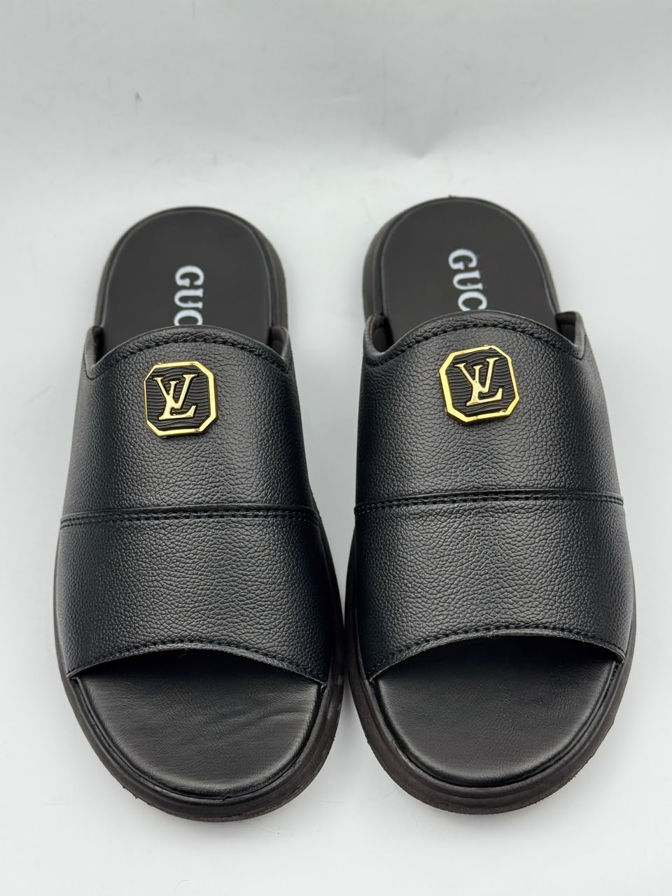 Outwear Premium Black Leather Style Slippers – Gold Emblem
