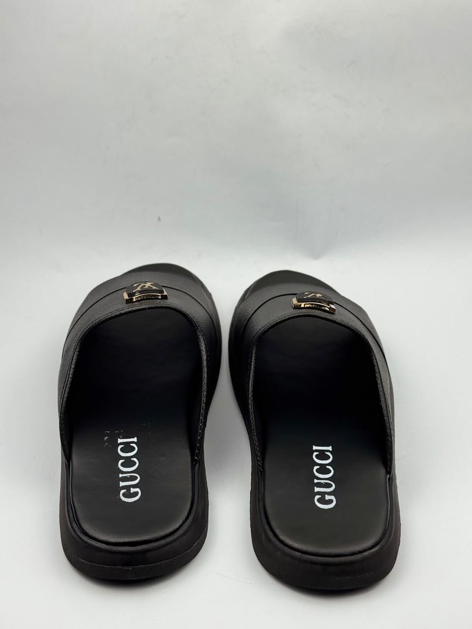 Outwear Premium Black Leather Style Slippers – Gold Emblem