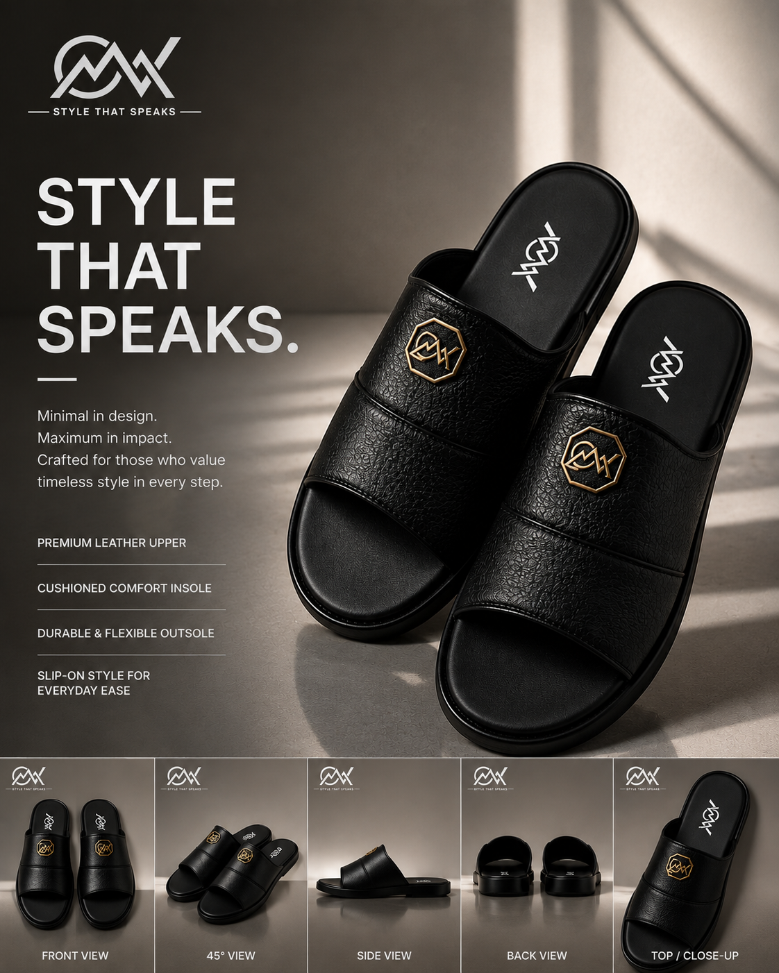 Outwear Premium Black Leather Style Slippers – Gold Emblem